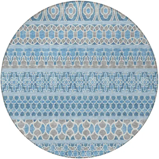 8' Sky Blue And Denim Blue Round Quatrefoil Washable Indoor Outdoor Area Rug Photo 6