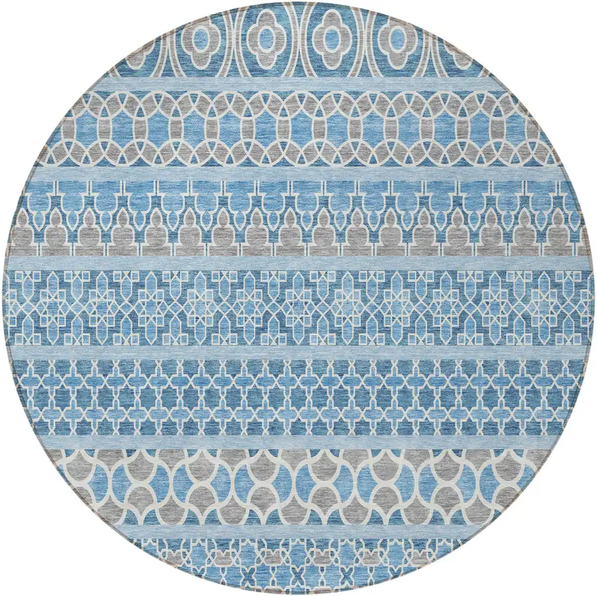 8' Sky Blue And Denim Blue Round Quatrefoil Washable Indoor Outdoor Area Rug Photo 6