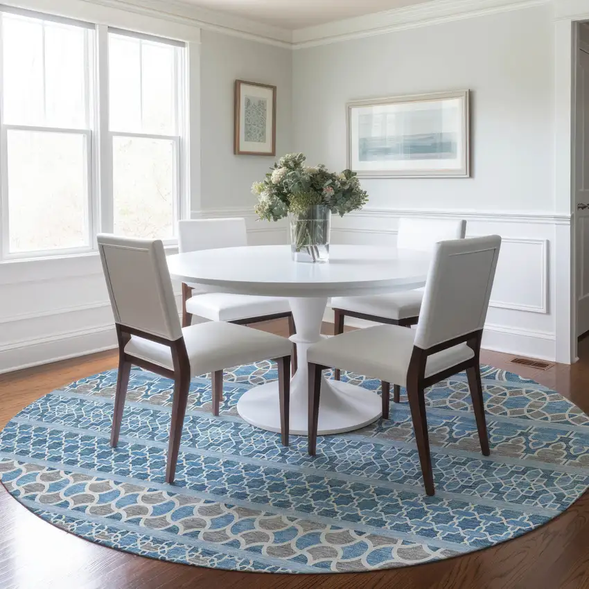8' Sky Blue And Denim Blue Round Quatrefoil Washable Indoor Outdoor Area Rug Photo 8
