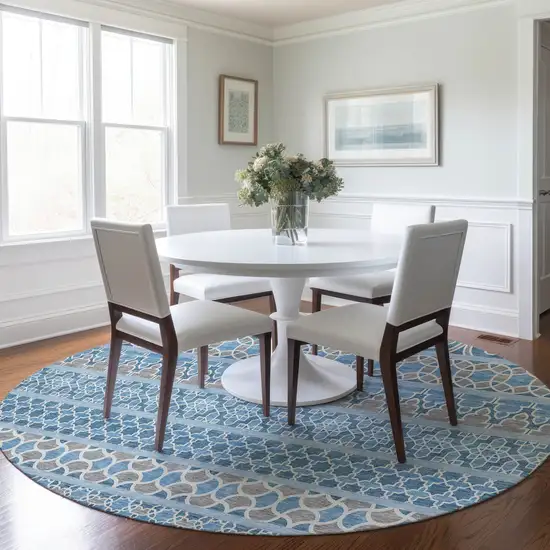 8' Sky Blue And Denim Blue Round Quatrefoil Washable Indoor Outdoor Area Rug Photo 8
