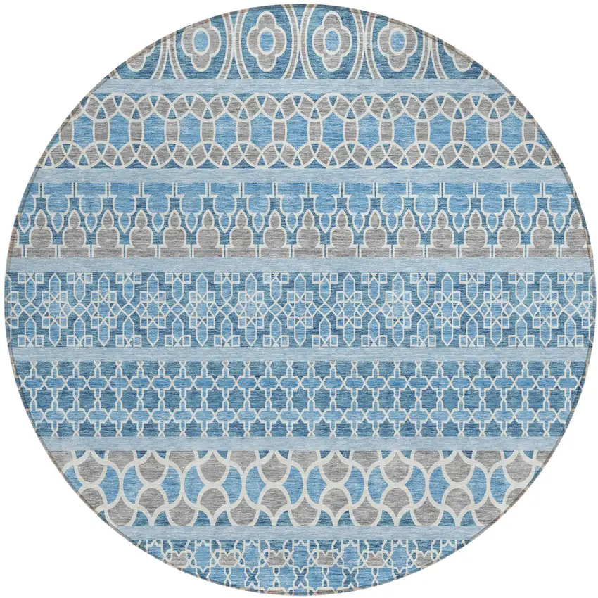 8' Sky Blue And Denim Blue Round Quatrefoil Washable Indoor Outdoor Area Rug Photo 2
