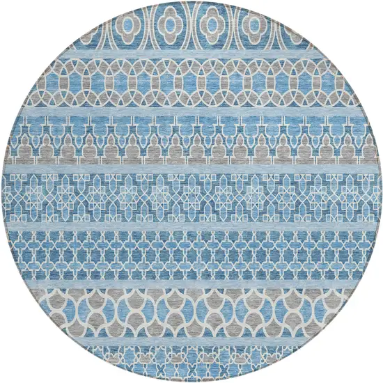 8' Sky Blue And Denim Blue Round Quatrefoil Washable Indoor Outdoor Area Rug Photo 2