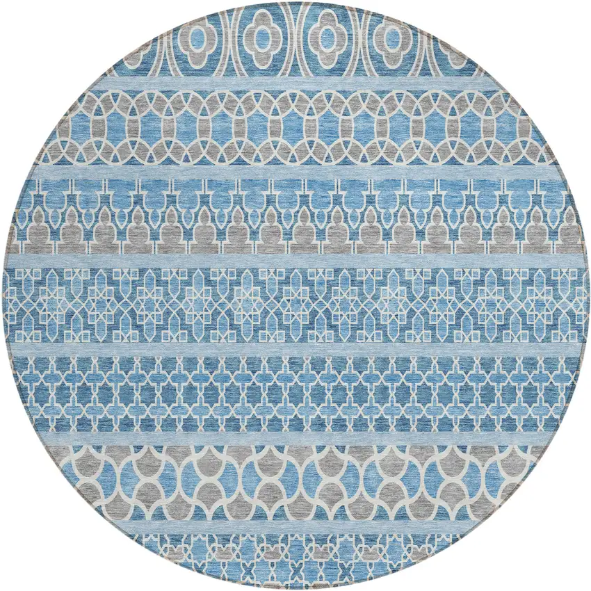 8' Sky Blue And Denim Blue Round Quatrefoil Washable Indoor Outdoor Area Rug Photo 2