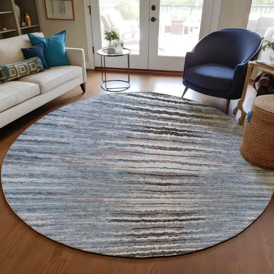 8' Sky Blue And Denim Blue Round Striped Washable Indoor Outdoor Area Rug Photo 7