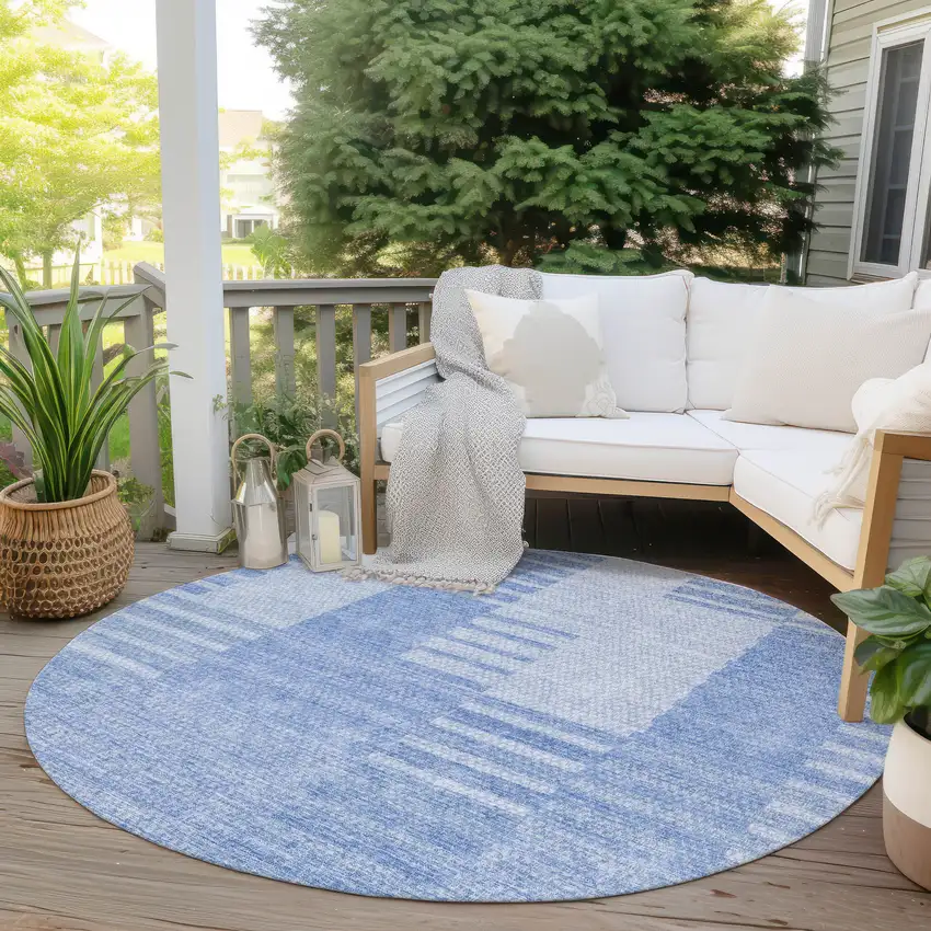 8' Sky Blue And Denim Blue Round Striped Washable Indoor Outdoor Area Rug Photo 6