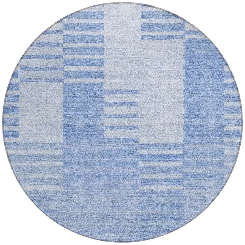 8' Sky Blue And Denim Blue Round Striped Washable Indoor Outdoor Area Rug Photo 5
