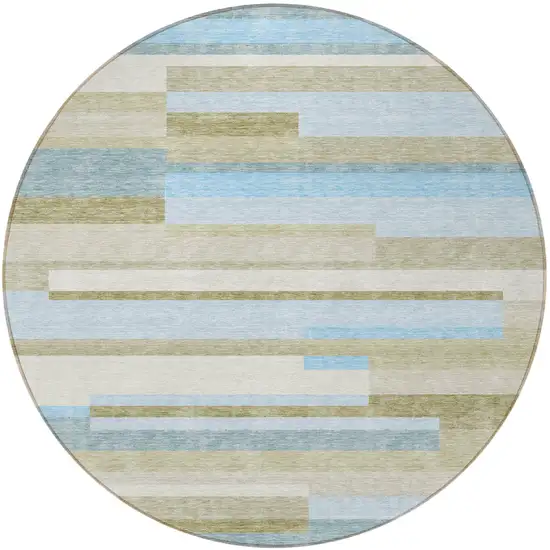 8' Sky Blue And Denim Blue Round Striped Washable Indoor Outdoor Area Rug Photo 5