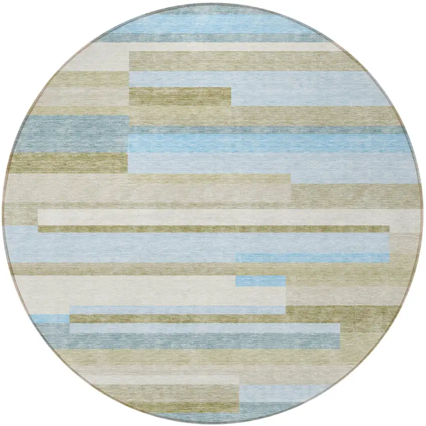 8' Sky Blue And Denim Blue Round Striped Washable Indoor Outdoor Area Rug Photo 5