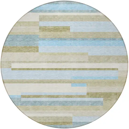 8' Sky Blue And Denim Blue Round Striped Washable Indoor Outdoor Area Rug Photo 5