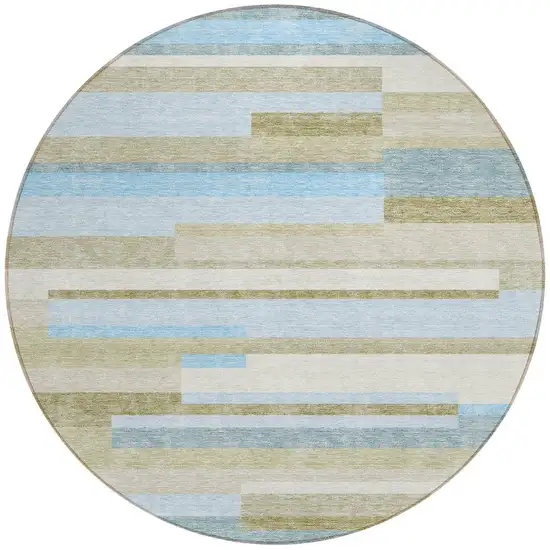 8' Sky Blue And Denim Blue Round Striped Washable Indoor Outdoor Area Rug Photo 4