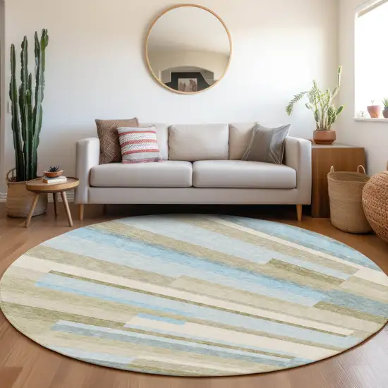 8' Sky Blue And Denim Blue Round Striped Washable Indoor Outdoor Area Rug Photo 7