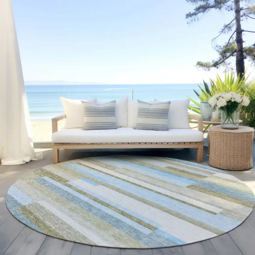 8' Sky Blue And Denim Blue Round Striped Washable Indoor Outdoor Area Rug Photo 6