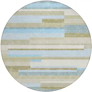 Photo of 8' Sky Blue And Denim Blue Round Striped Washable Indoor Outdoor Area Rug