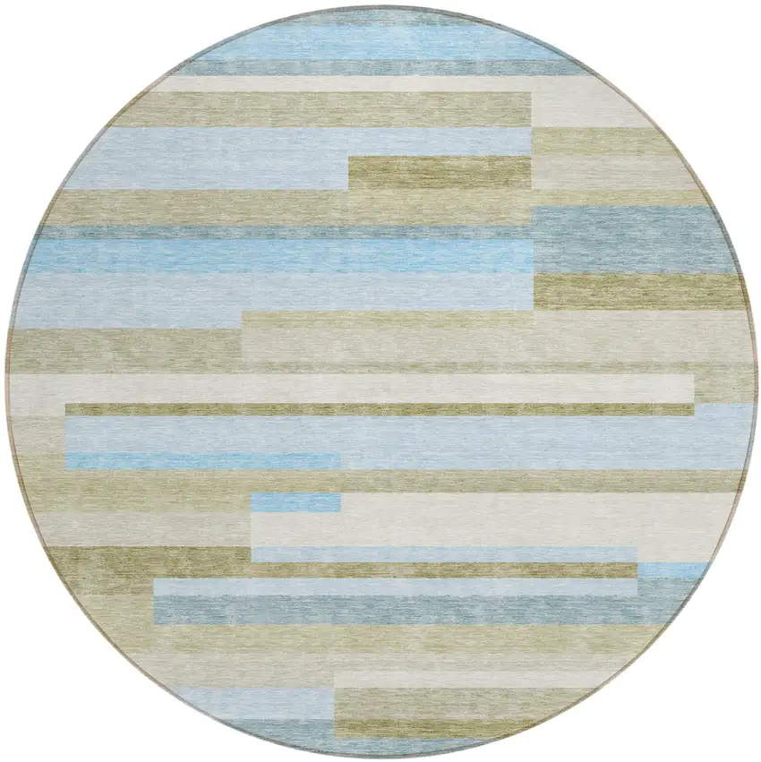 8' Sky Blue And Denim Blue Round Striped Washable Indoor Outdoor Area Rug Photo 1
