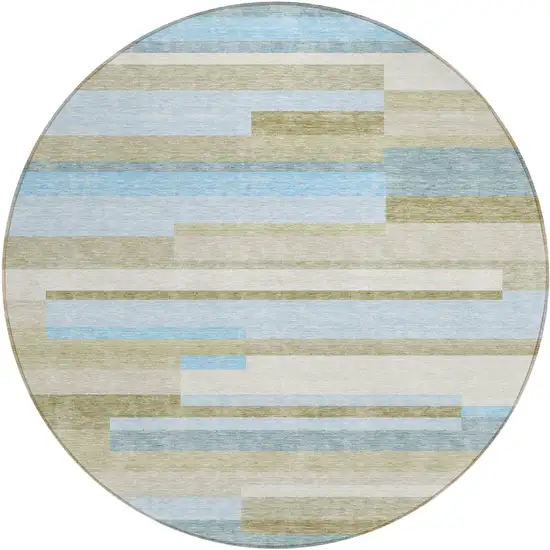 8' Sky Blue And Denim Blue Round Striped Washable Indoor Outdoor Area Rug Photo 1