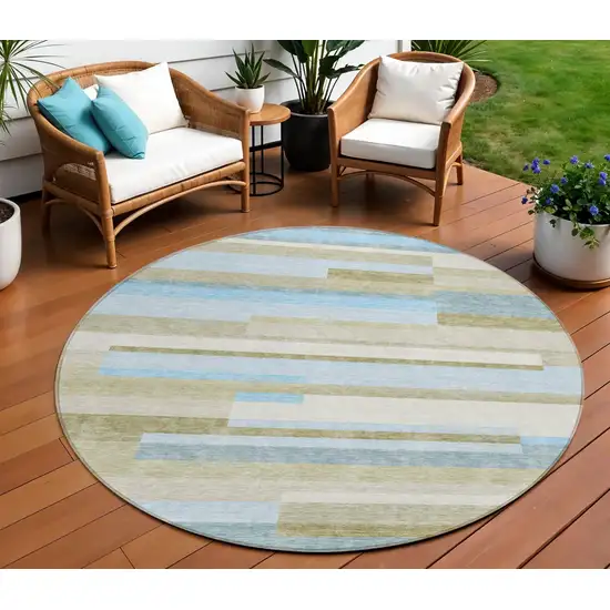 8' Sky Blue And Denim Blue Round Striped Washable Indoor Outdoor Area Rug Photo 1