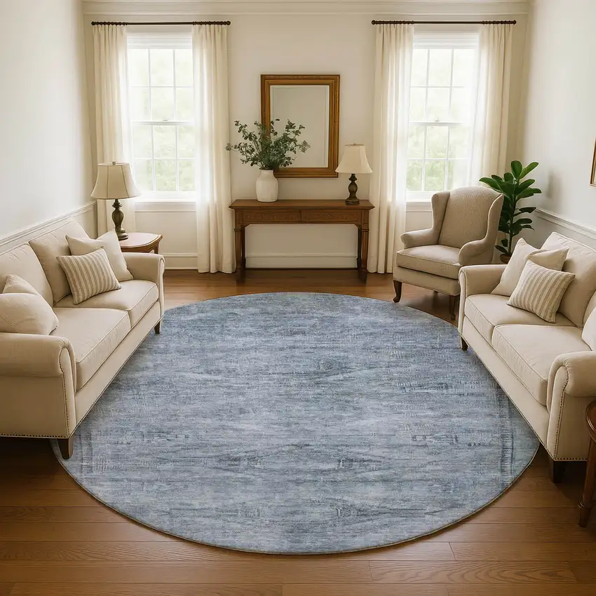 8' Sky Blue And Gray Abstract Geometric Washable Round Rug With UV Protection Photo 4