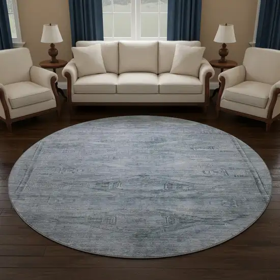 8' Sky Blue And Gray Abstract Geometric Washable Round Rug With UV Protection Photo 2