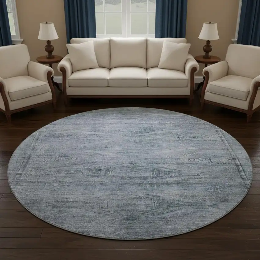 8' Sky Blue And Gray Abstract Geometric Washable Round Rug With UV Protection Photo 2
