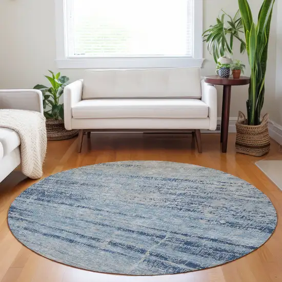 8' Sky Blue And Gray Abstract Washable Round Rug With UV Protection Photo 5