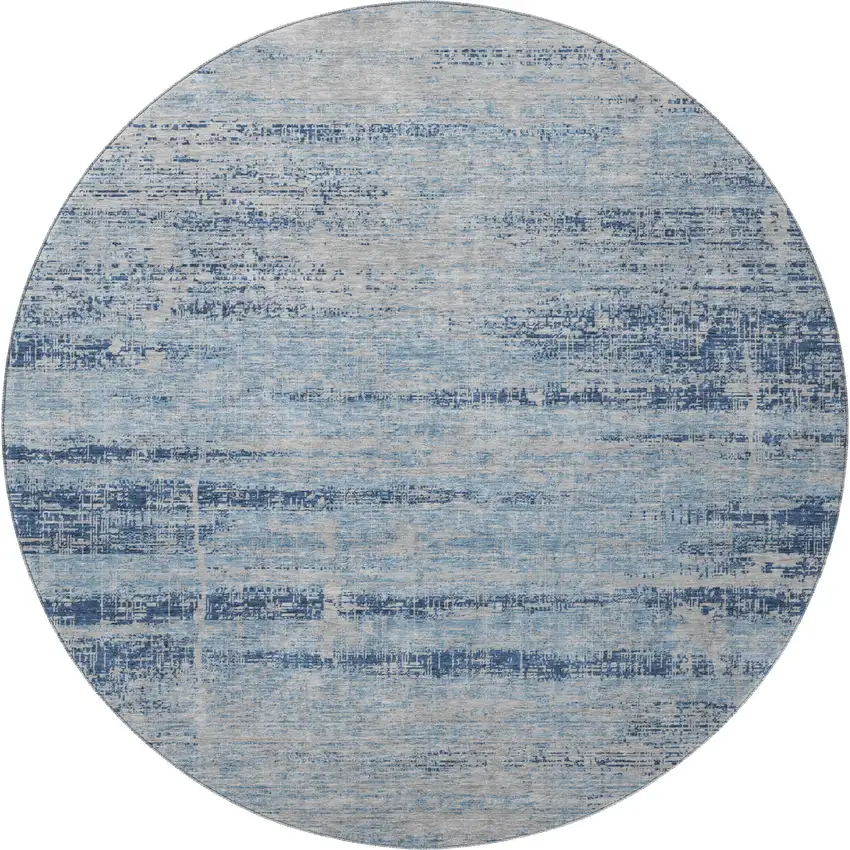 8' Sky Blue And Gray Abstract Washable Round Rug With UV Protection Photo 4