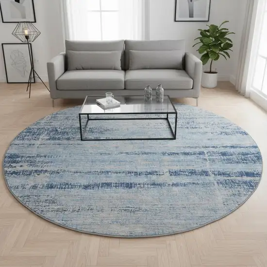 8' Sky Blue And Gray Abstract Washable Round Rug With UV Protection Photo 2