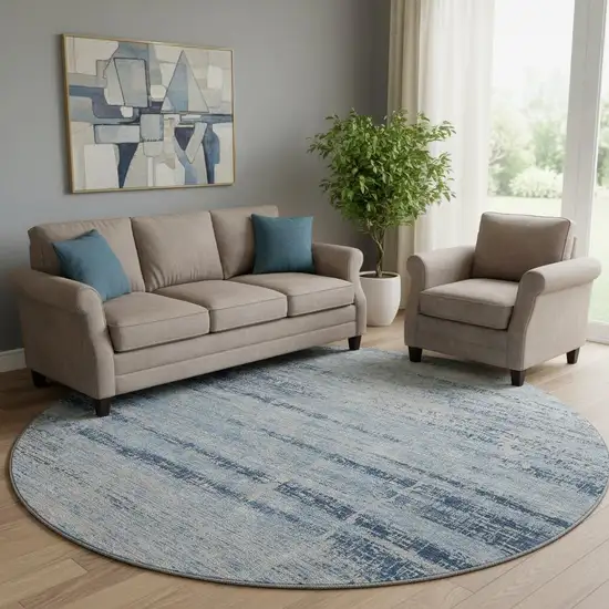 8' Sky Blue And Gray Abstract Washable Round Rug With UV Protection Photo 1