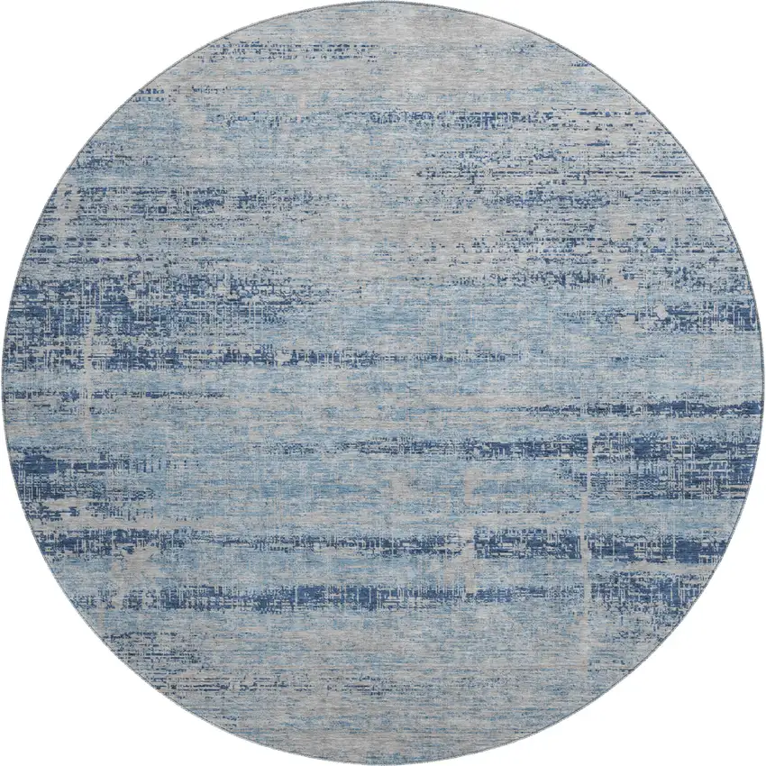 8' Sky Blue And Gray Abstract Washable Round Rug With UV Protection Photo 1