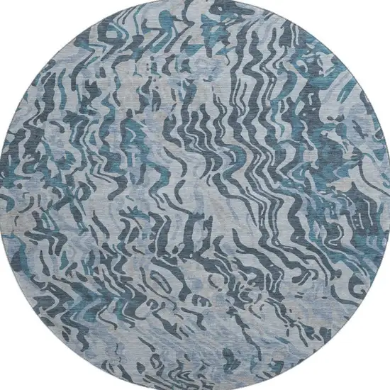 8' Sky Blue And Gray Abstract Washable Round Rug With UV Protection Photo 3