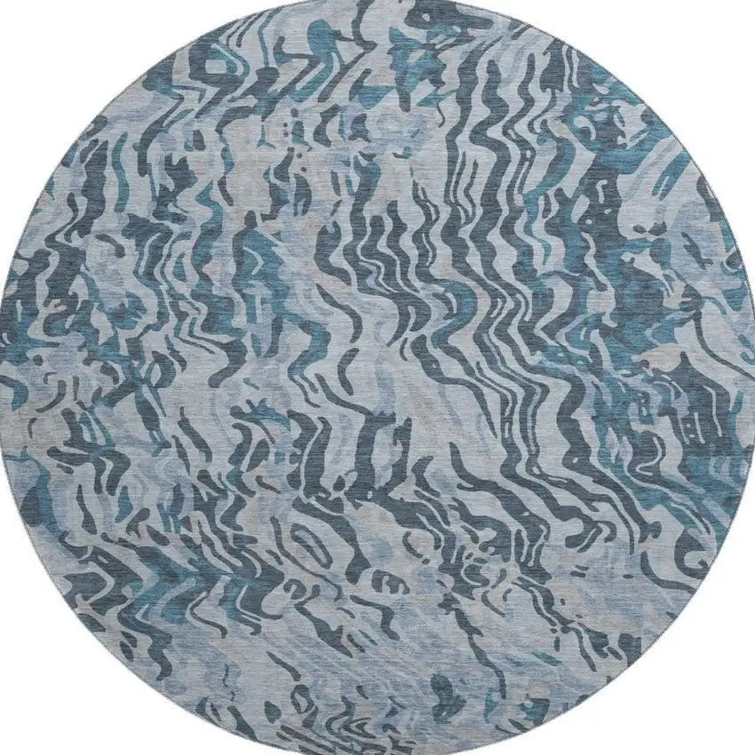 8' Sky Blue And Gray Abstract Washable Round Rug With UV Protection Photo 3