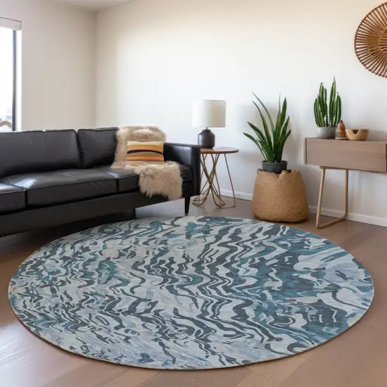 8' Sky Blue And Gray Abstract Washable Round Rug With UV Protection Photo 4