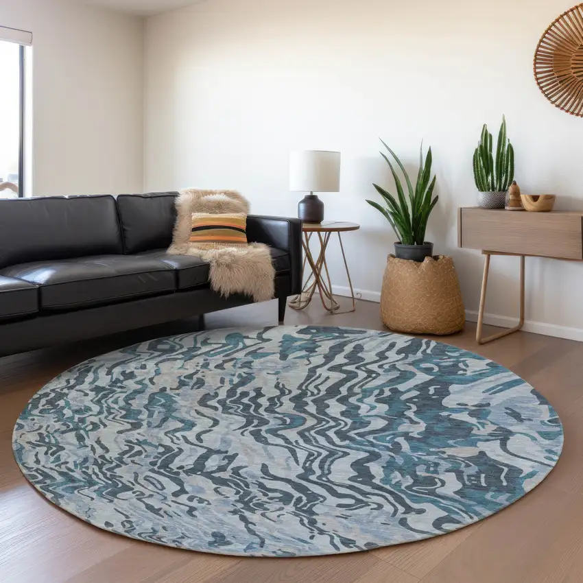 8' Sky Blue And Gray Abstract Washable Round Rug With UV Protection Photo 4