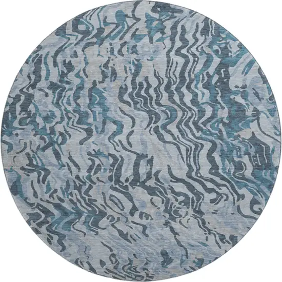 8' Sky Blue And Gray Abstract Washable Round Rug With UV Protection Photo 1
