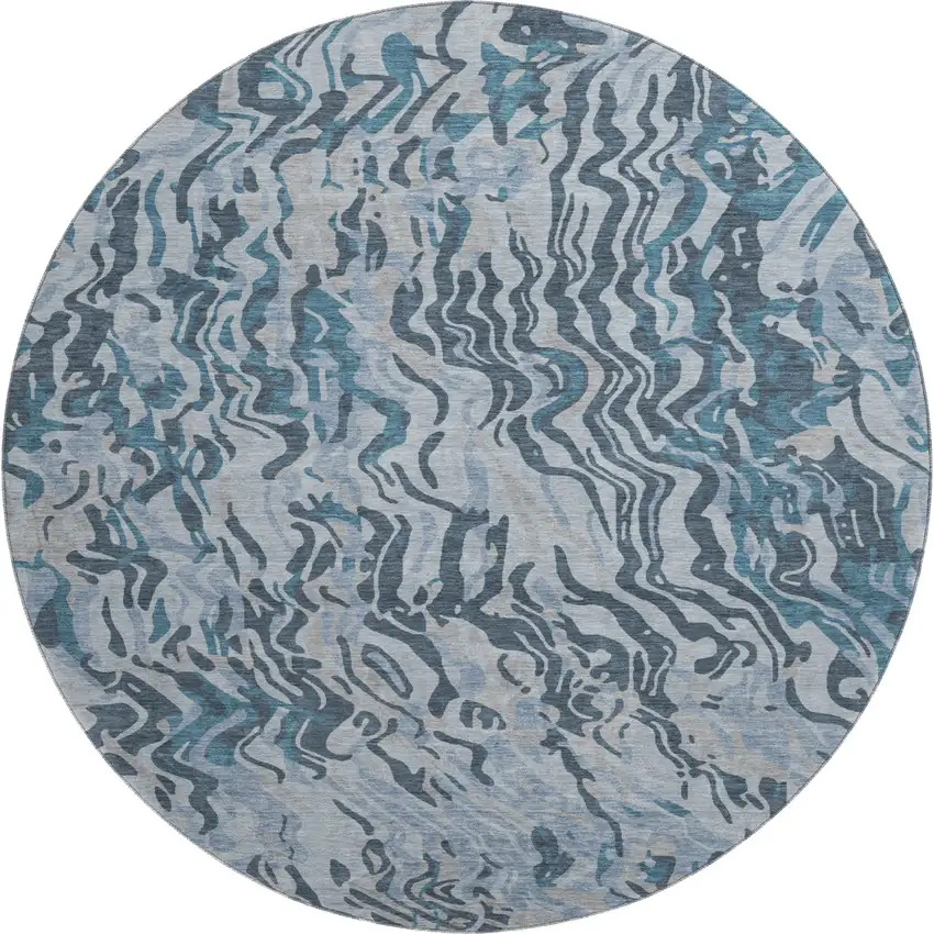 8' Sky Blue And Gray Abstract Washable Round Rug With UV Protection Photo 1