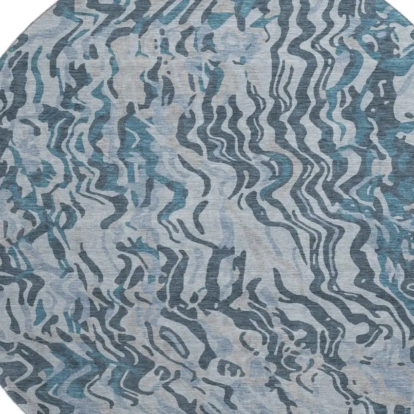 8' Sky Blue And Gray Abstract Washable Round Rug With UV Protection Photo 2
