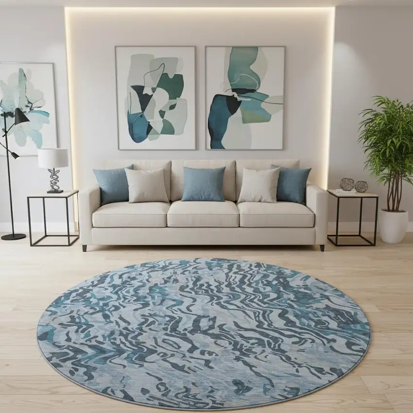 8' Sky Blue And Gray Abstract Washable Round Rug With UV Protection Photo 2