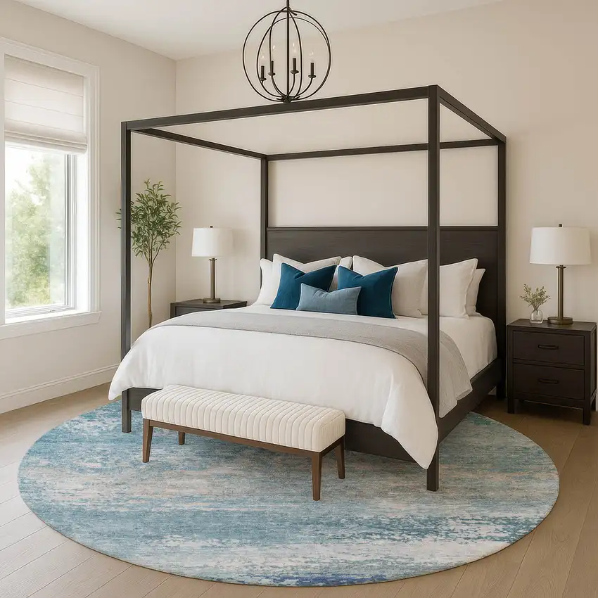 8' Sky Blue And Gray Abstract Washable Round Rug With UV Protection Photo 5