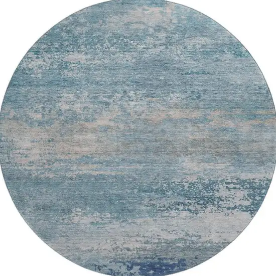 8' Sky Blue And Gray Abstract Washable Round Rug With UV Protection Photo 4