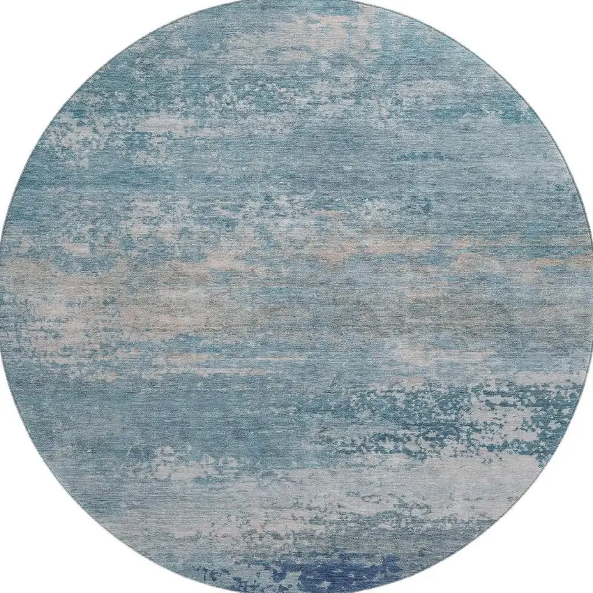 8' Sky Blue And Gray Abstract Washable Round Rug With UV Protection Photo 4