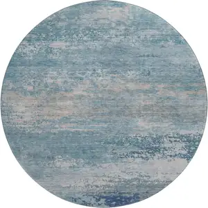 Photo of 8' Sky Blue And Gray Abstract Washable Round Rug With UV Protection