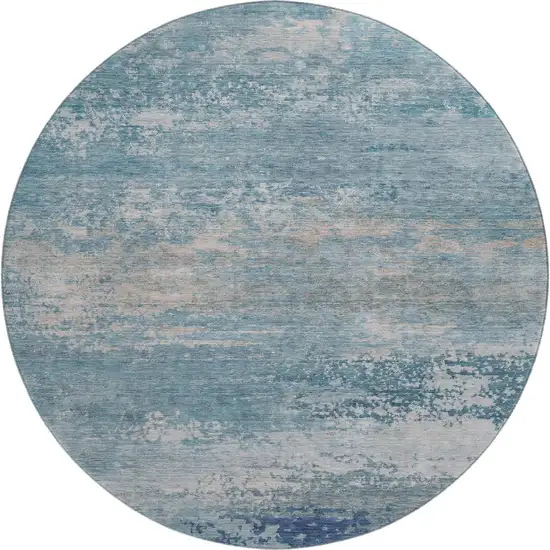 8' Sky Blue And Gray Abstract Washable Round Rug With UV Protection Photo 1