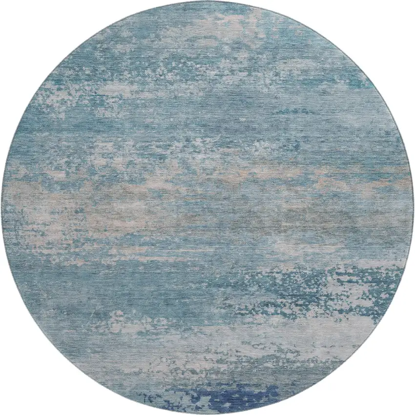 8' Sky Blue And Gray Abstract Washable Round Rug With UV Protection Photo 1