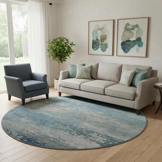 8' Sky Blue And Gray Abstract Washable Round Rug With UV Protection Photo 2