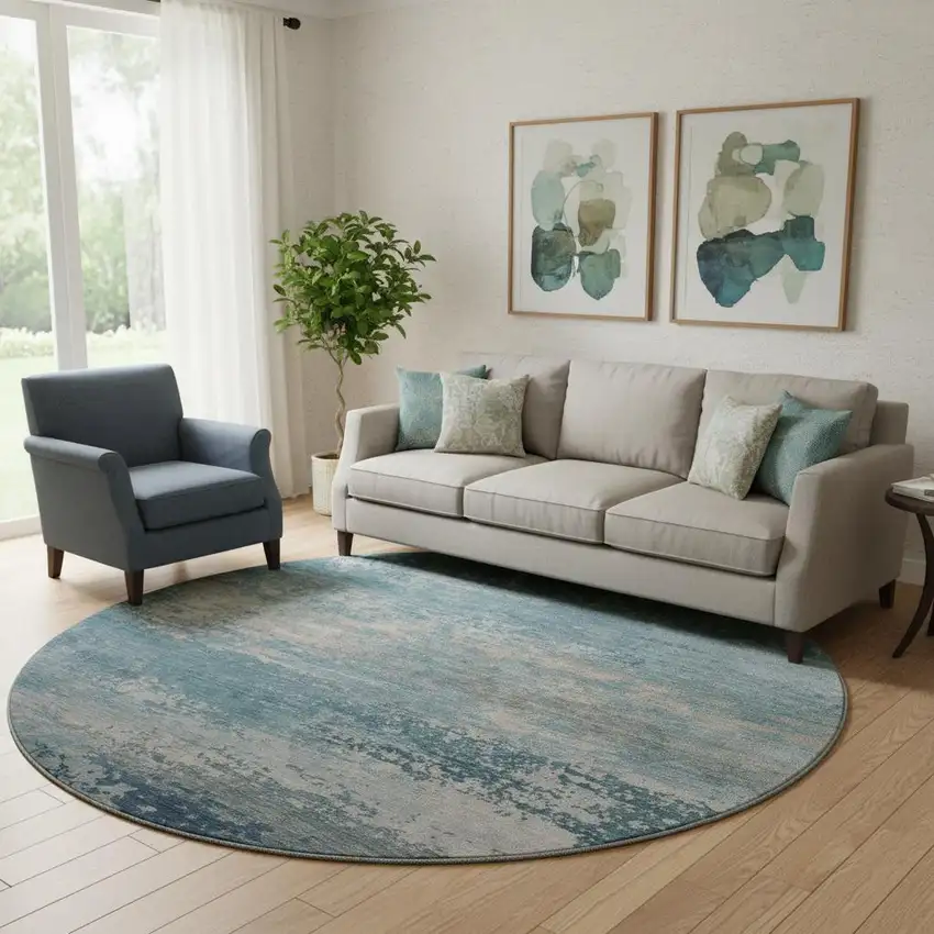 8' Sky Blue And Gray Abstract Washable Round Rug With UV Protection Photo 2