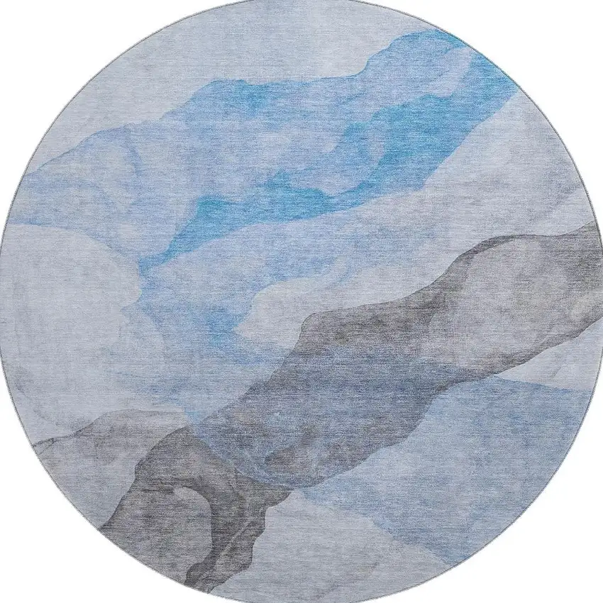 8' Sky Blue And Gray Abstract Washable Round Rug With UV Protection Photo 4