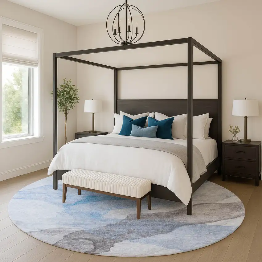 8' Sky Blue And Gray Abstract Washable Round Rug With UV Protection Photo 5