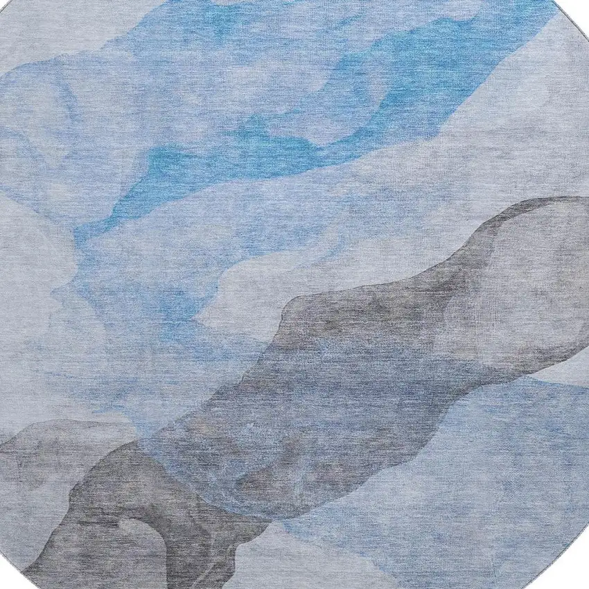 8' Sky Blue And Gray Abstract Washable Round Rug With UV Protection Photo 3