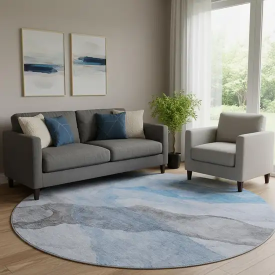 8' Sky Blue And Gray Abstract Washable Round Rug With UV Protection Photo 2