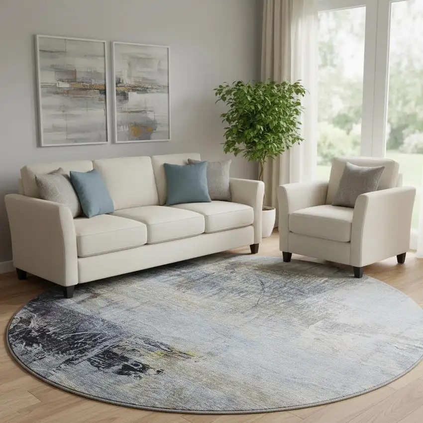 8' Sky Blue And Gray Abstract Washable Round Rug With UV Protection Photo 2