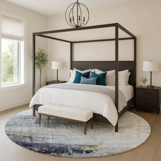 8' Sky Blue And Gray Abstract Washable Round Rug With UV Protection Photo 5